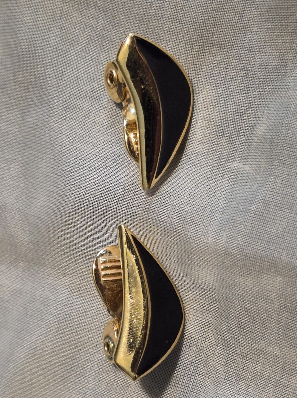 Vintage Monet Gold Tone Black Enamel Geometric Crescent Clip On Earrings